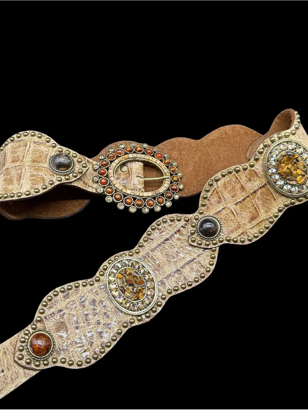 Leatherock USA Y2K Leather Scalloped Belt Croc Embossed Stone Cabochons Boho